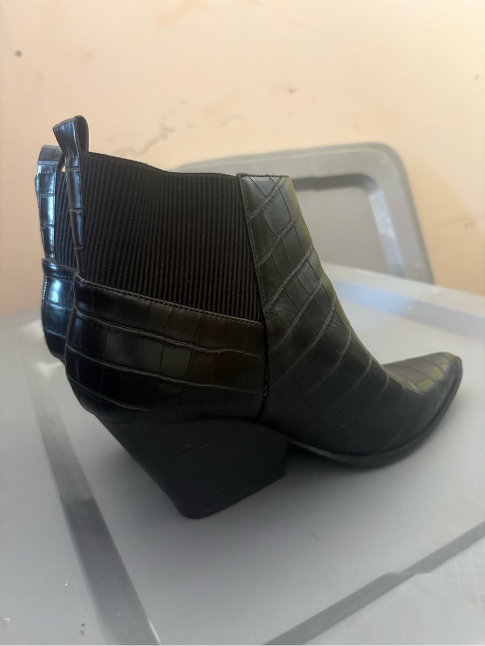 Women's Black Croc-Embossed Pointed Ankle Boot